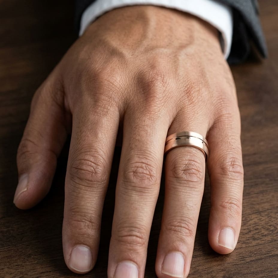 7.5mm Satin Finish High Polished Center Cut Carved Wedding Band in 14K Rose Gold, worn on hand, masculine close-up