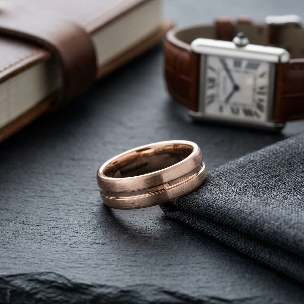 7.5mm Satin Finish High Polished Center Cut Carved Wedding Band in 14K Rose Gold, on walnut surface with pocket square