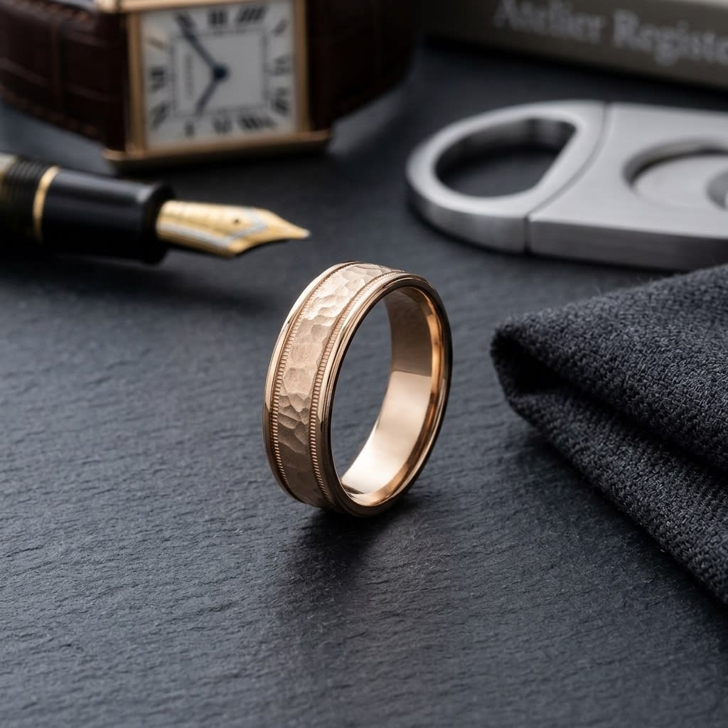 6mm Hammered Center High Polish Round Edge Carved Wedding Band in 14K Rose Gold, on walnut surface with pocket square