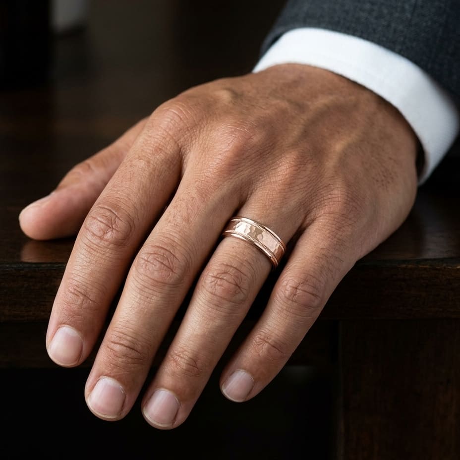 8mm Hammered Center High Polish Round Edge Carved Wedding Band in 14K Rose Gold, worn on hand, masculine close-up