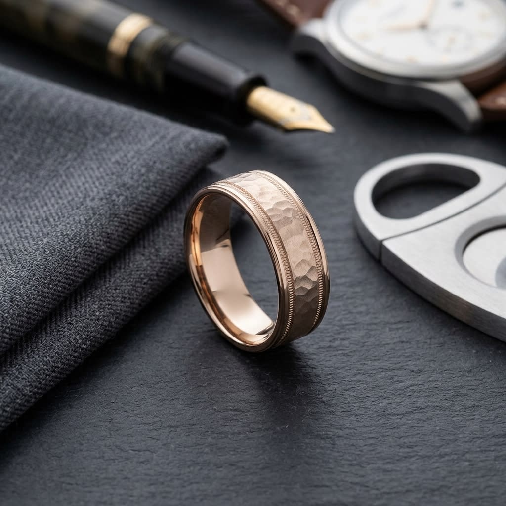 8mm Hammered Center High Polish Round Edge Carved Wedding Band in 14K Rose Gold, on walnut surface with pocket square