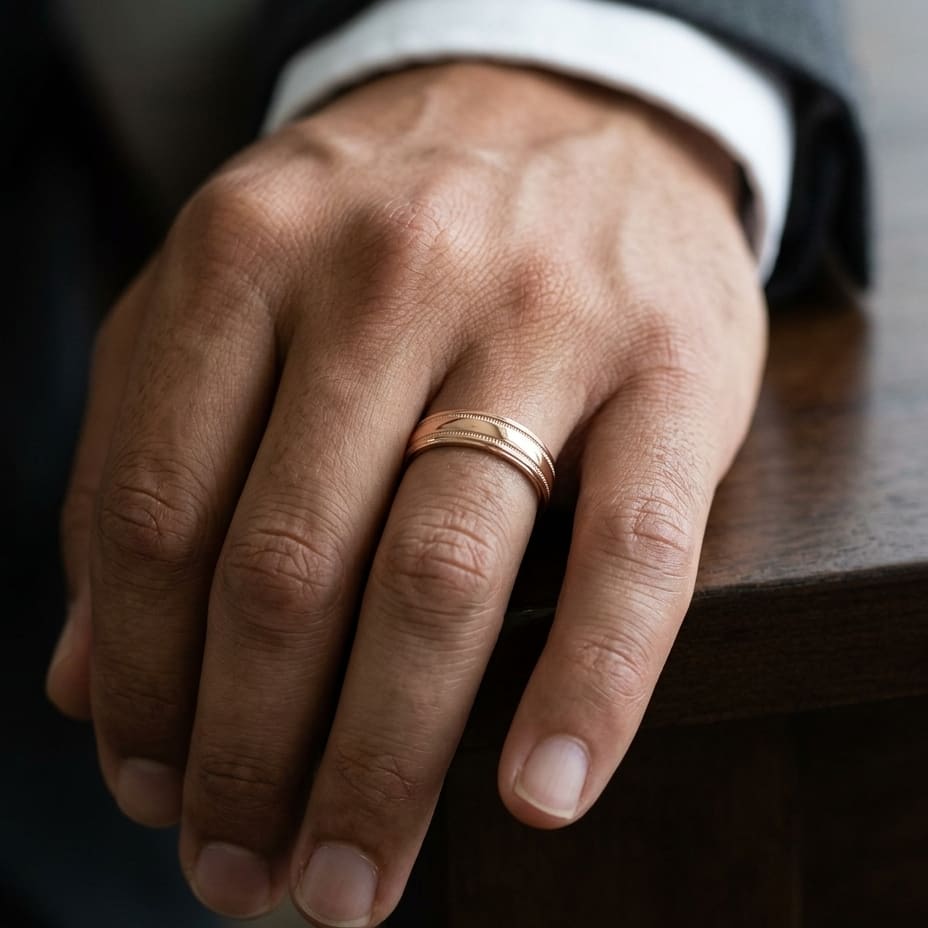 6mm High Polish Milgrain Round Edge Carved Wedding Band in 14K Rose Gold, worn on hand, masculine close-up