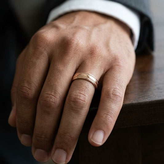 6mm High Polish Milgrain Round Edge Carved Wedding Band in 14K Rose Gold, worn on hand, masculine close-up