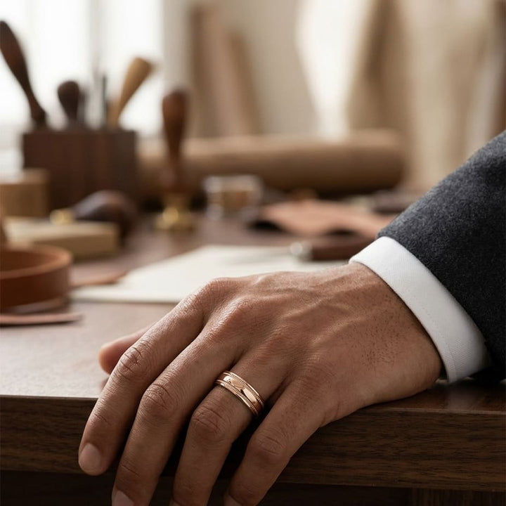 6mm High Polish Milgrain Round Edge Carved Wedding Band in 14K Rose Gold, worn on hand, masculine full view