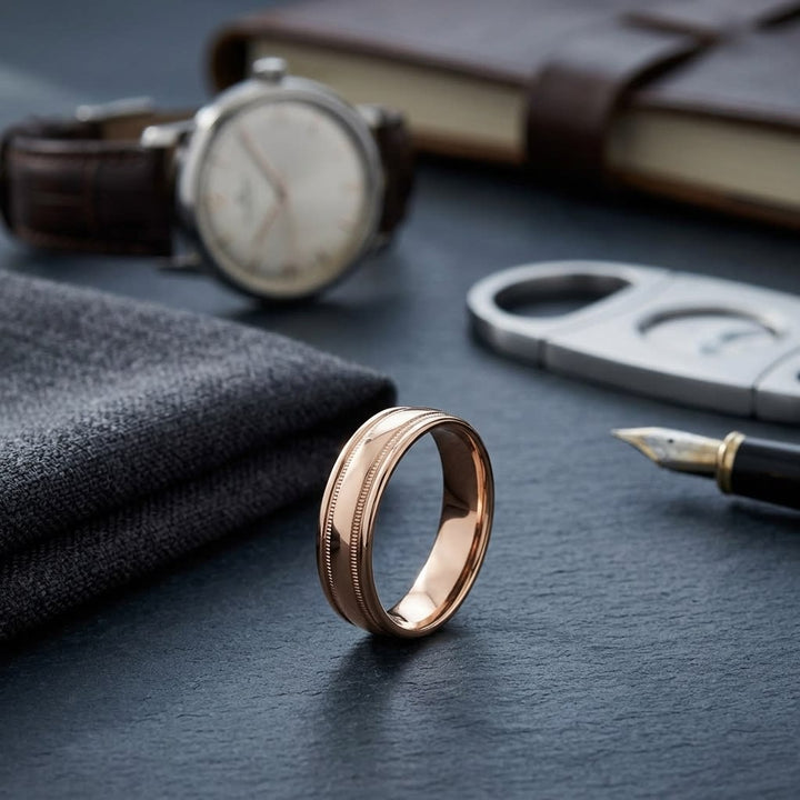 6mm High Polish Milgrain Round Edge Carved Wedding Band in 14K Rose Gold, on walnut surface with pocket square