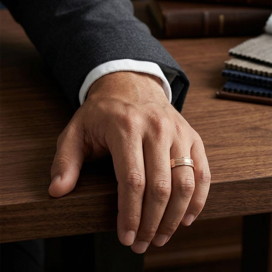 6mm Satin Finish Milgrain Round Edge Carved Wedding Band in 14K Rose Gold, worn on hand, masculine full view
