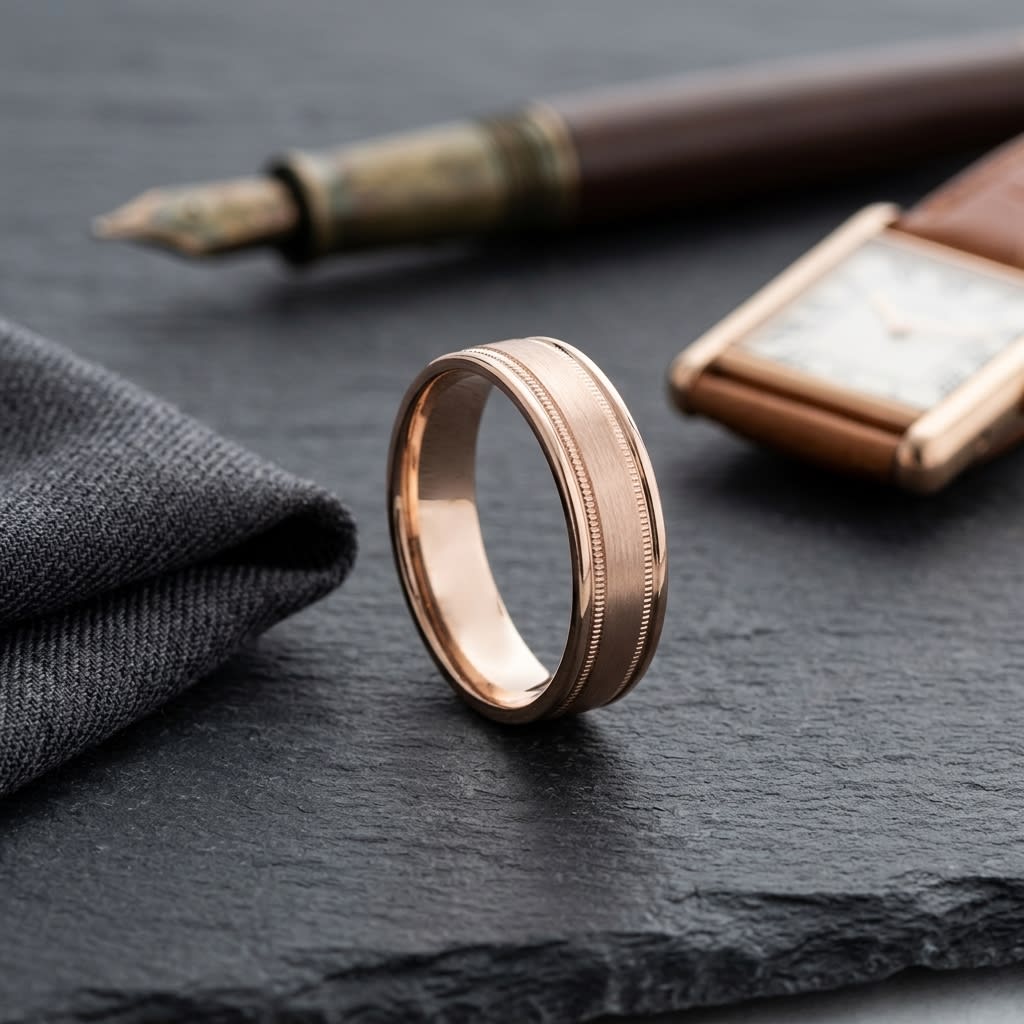 6mm Satin Finish Milgrain Round Edge Carved Wedding Band in 14K Rose Gold, on walnut surface with pocket square