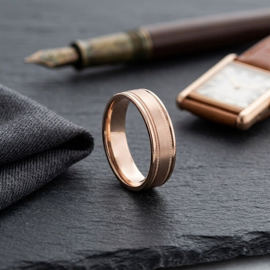 6mm Satin Finish Milgrain Round Edge Carved Wedding Band in 14K Rose Gold, on walnut surface with pocket square