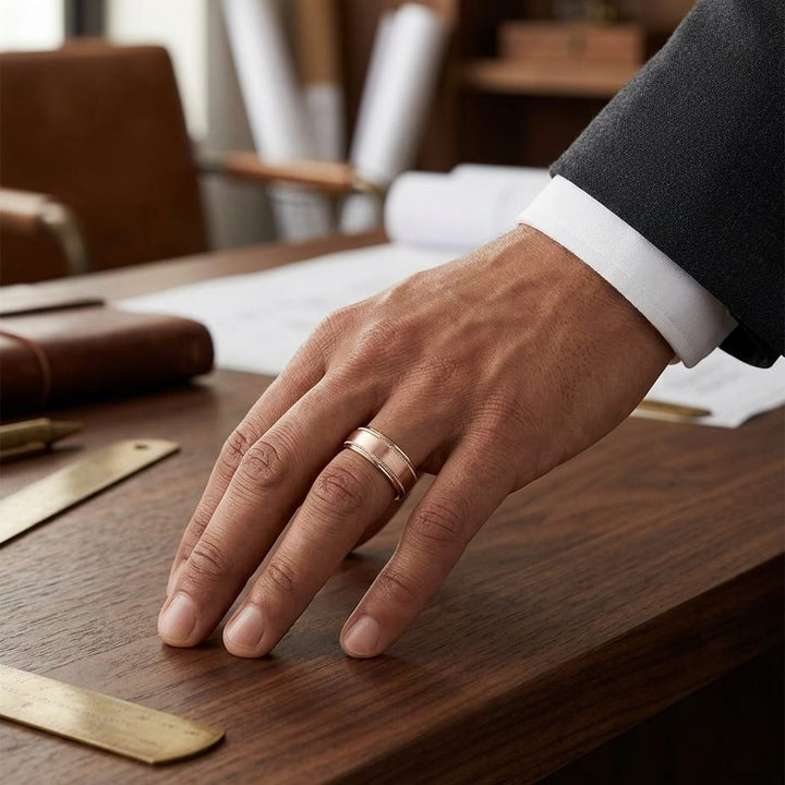 8mm Satin Finish Milgrain Round Edge Carved Wedding Band in 14K Rose Gold, worn on hand, masculine full view