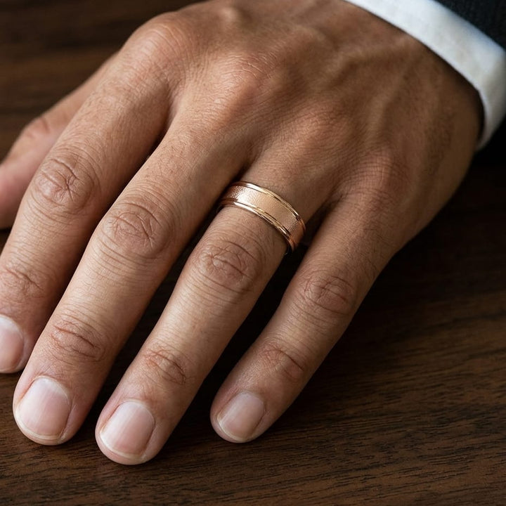 6mm Wired Finish High Polished Round Edge Carved Wedding Band in 14K Rose Gold, worn on hand, masculine close-up