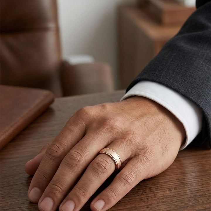 6mm Wired Finish High Polished Round Edge Carved Wedding Band in 14K Rose Gold, worn on hand, masculine full view