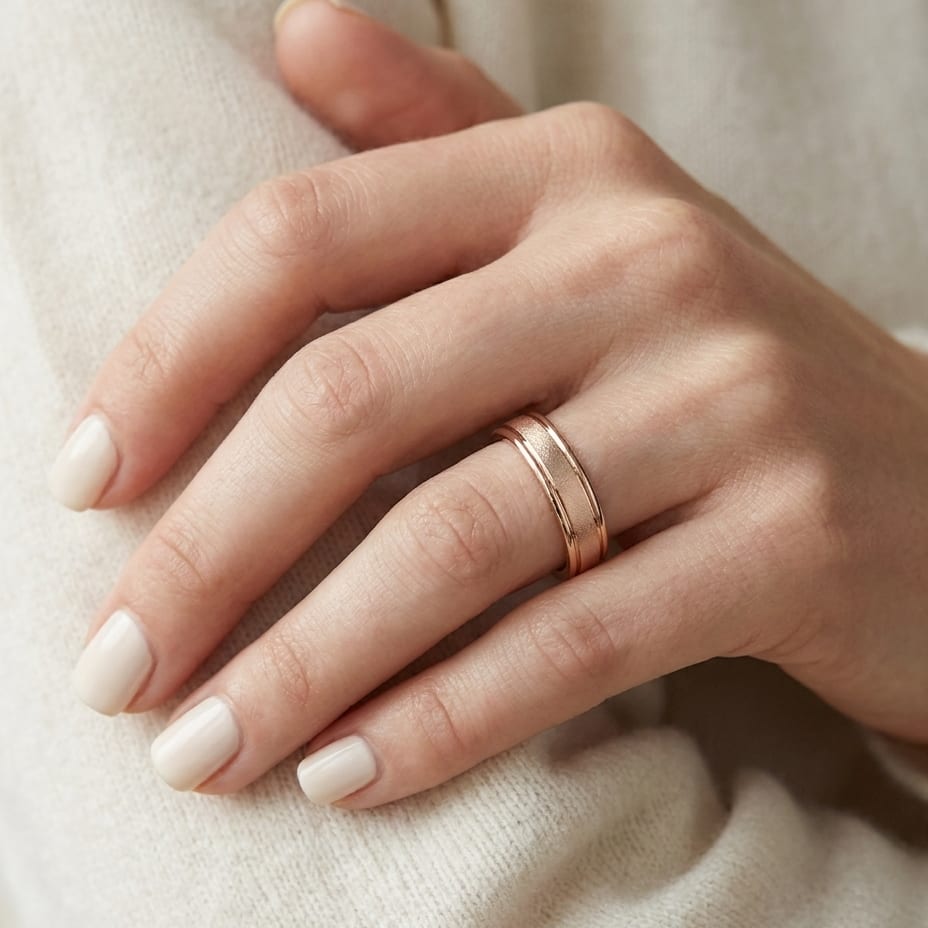 4mm Wired Finish High Polished Round Edge Carved Wedding Band in 14K Rose Gold, worn on hand, close-up
