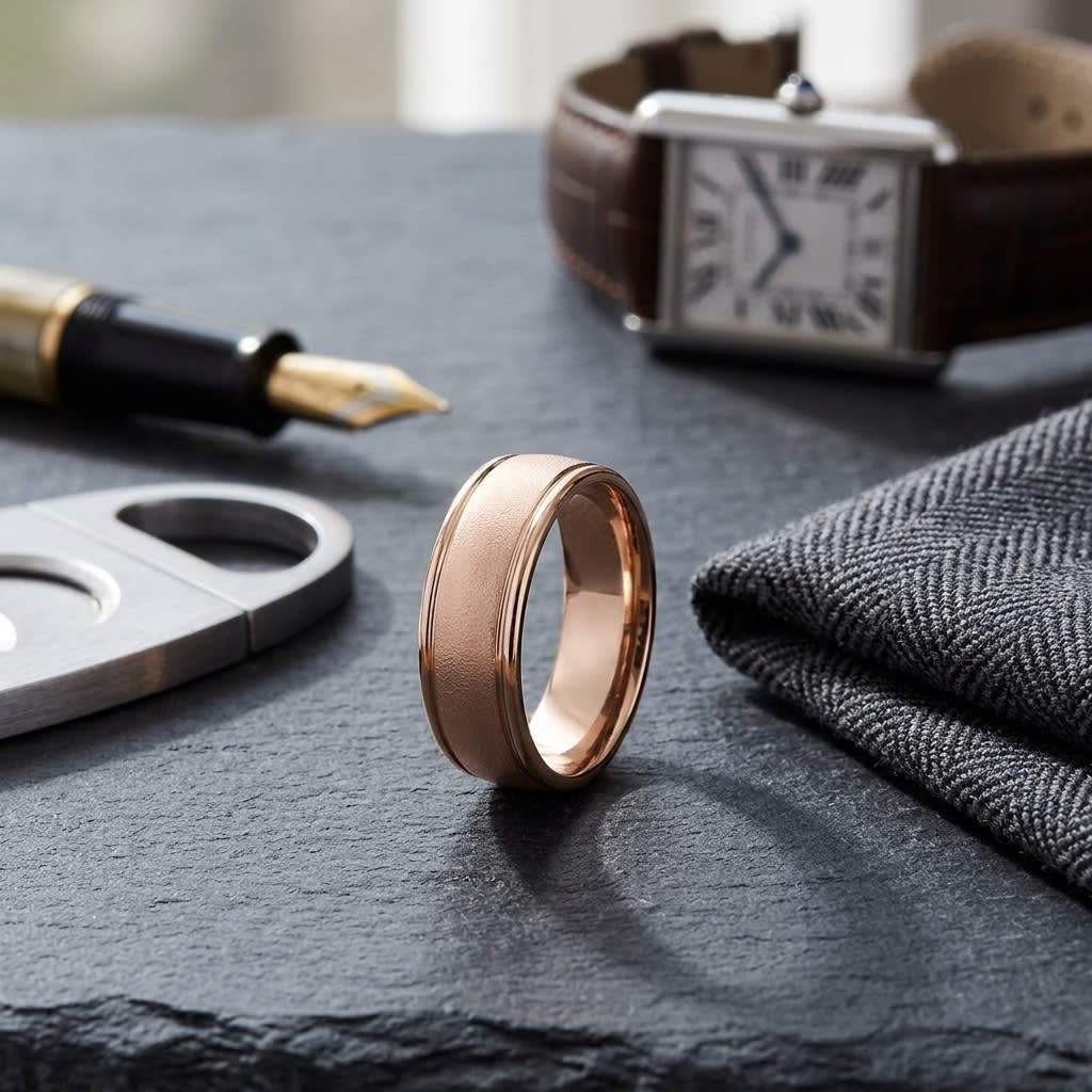 8mm Wire Brush High Polished Round Edge Carved Wedding Band in 14K Rose Gold, on walnut surface with pocket square