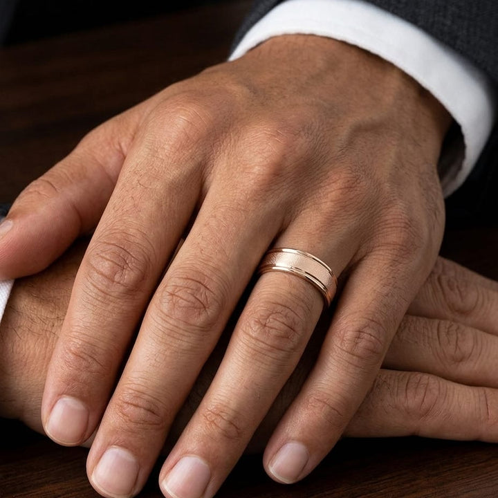 7mm Wired Finish High Polished Round Edge Carved Wedding Band in 14K Rose Gold, worn on hand, masculine close-up