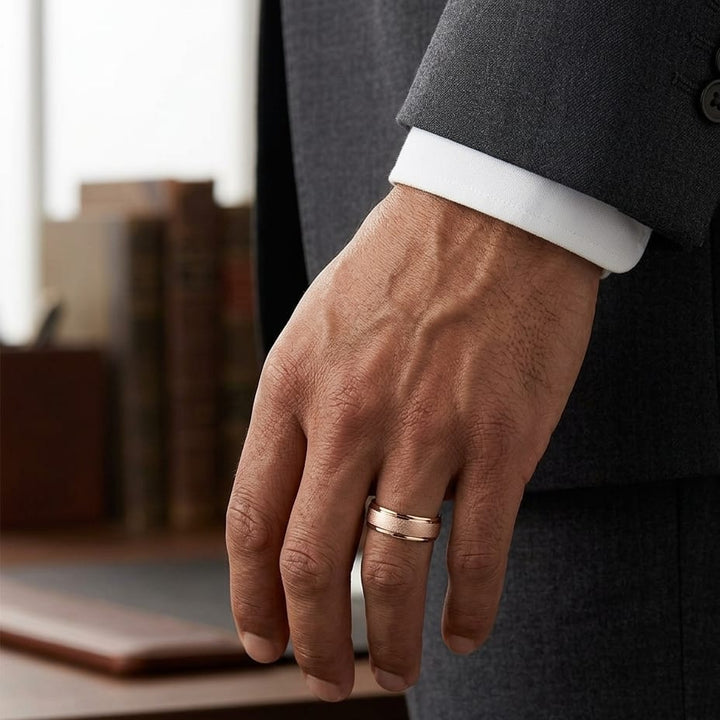 7mm Wired Finish High Polished Round Edge Carved Wedding Band in 14K Rose Gold, worn on hand, masculine full view