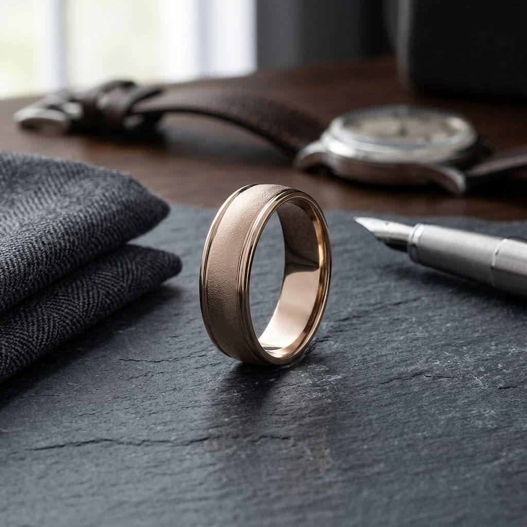 7mm Wired Finish High Polished Round Edge Carved Wedding Band in 14K Rose Gold, on walnut surface with pocket square