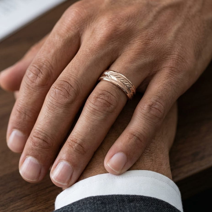 6mm Comfort-Fit Wedding Band in 14K Rose Gold, worn on hand, masculine close-up