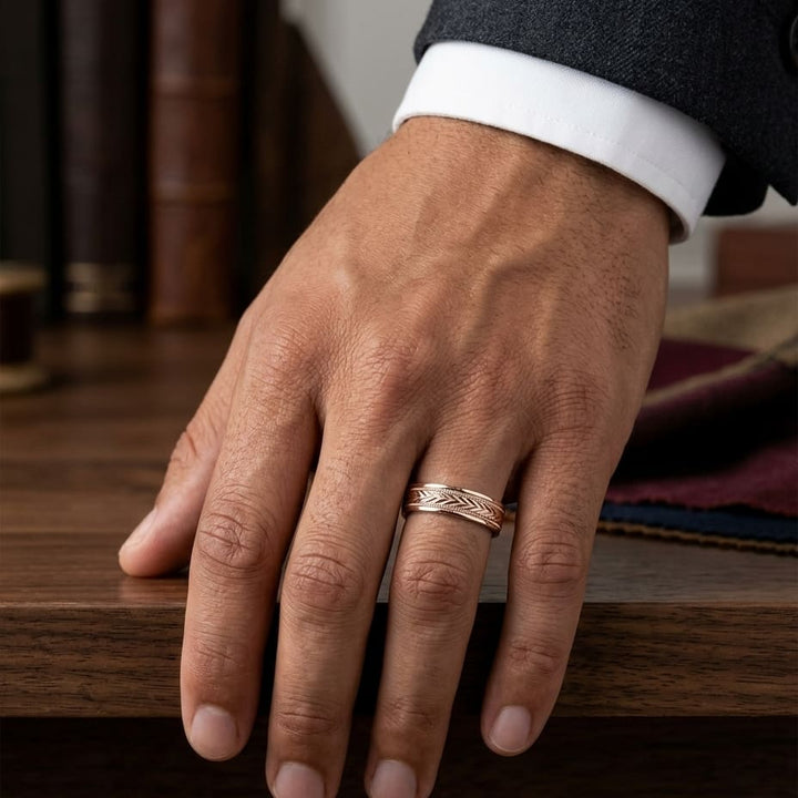 6mm Comfort-Fit Wedding Band in 14K Rose Gold, worn on hand, masculine full view