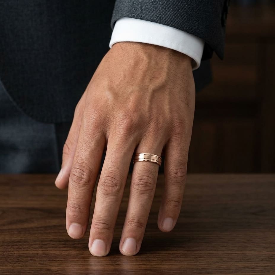 6mm Satin Finish High Polished Center Trim Carved Wedding Band in 14K Rose Gold, worn on hand, masculine full view