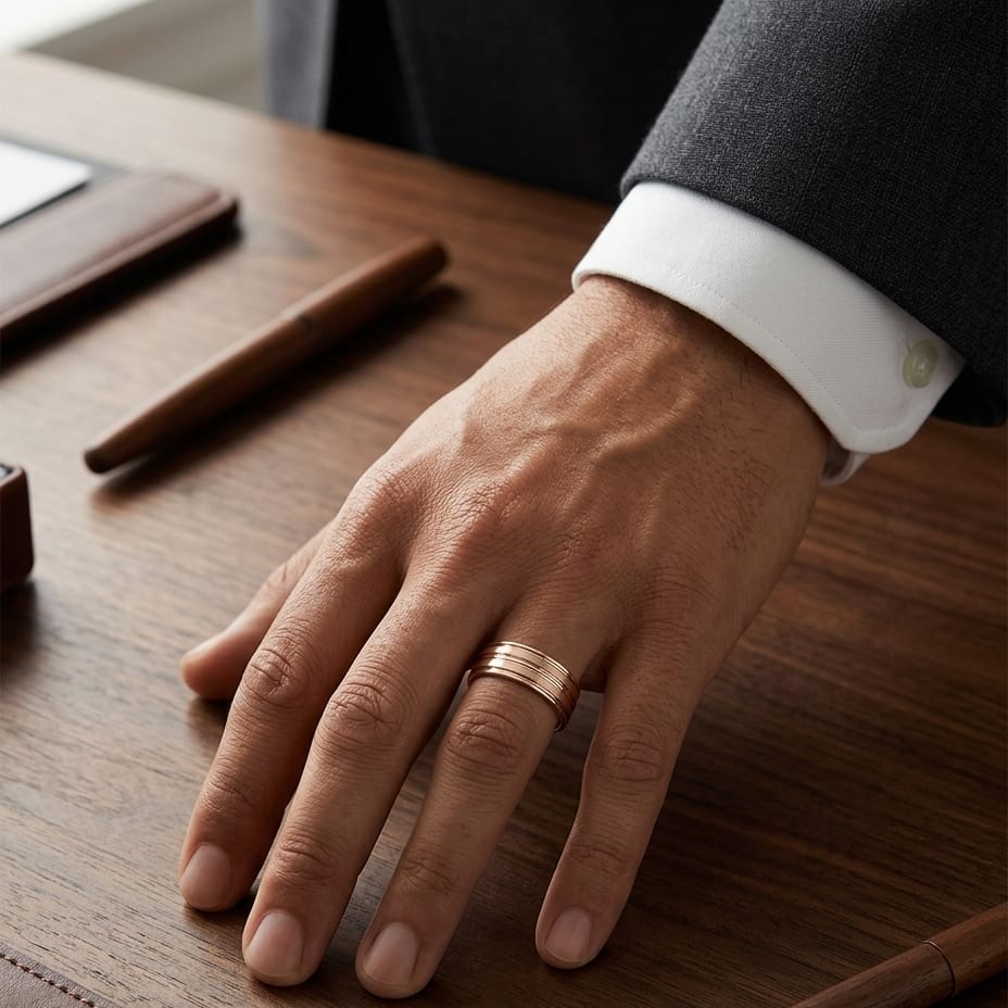 8mm Satin Finish High Polished Center Trim Carved Wedding Band in 14K Rose Gold, worn on hand, masculine full view