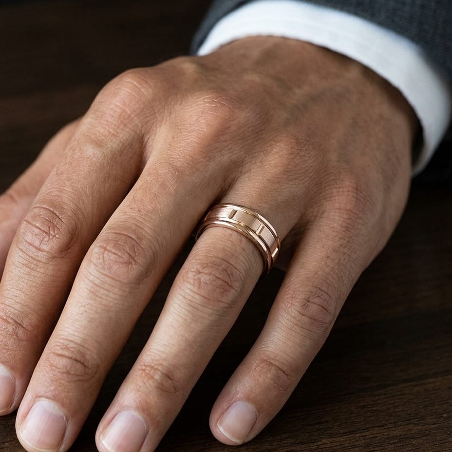 6mm Satin Finish High Polished Center Cut Carved Wedding Band in 14K Rose Gold, worn on hand, masculine close-up