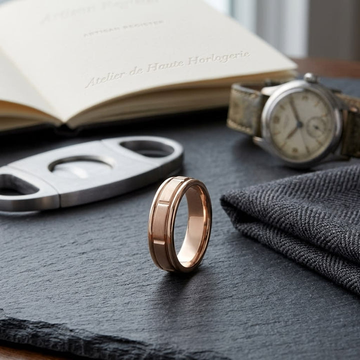 6mm Satin Finish High Polished Center Cut Carved Wedding Band in 14K Rose Gold, on walnut surface with pocket square