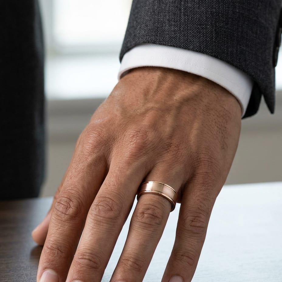 7.5mm Satin Finish High Polished Round Edge Carved Wedding Band in 14K Rose Gold, worn on hand, masculine close-up
