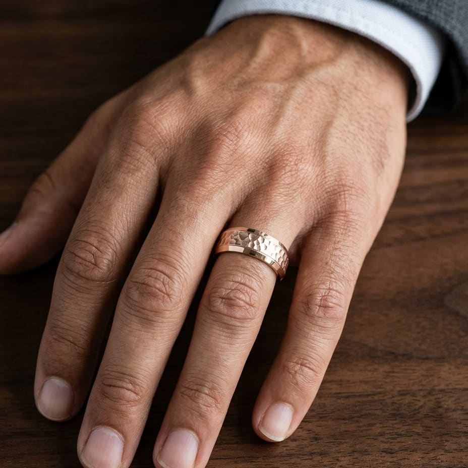 7.5mm Hammered Finish Beveled Edge Carved Wedding Band in 14K Rose Gold, worn on hand, masculine close-up