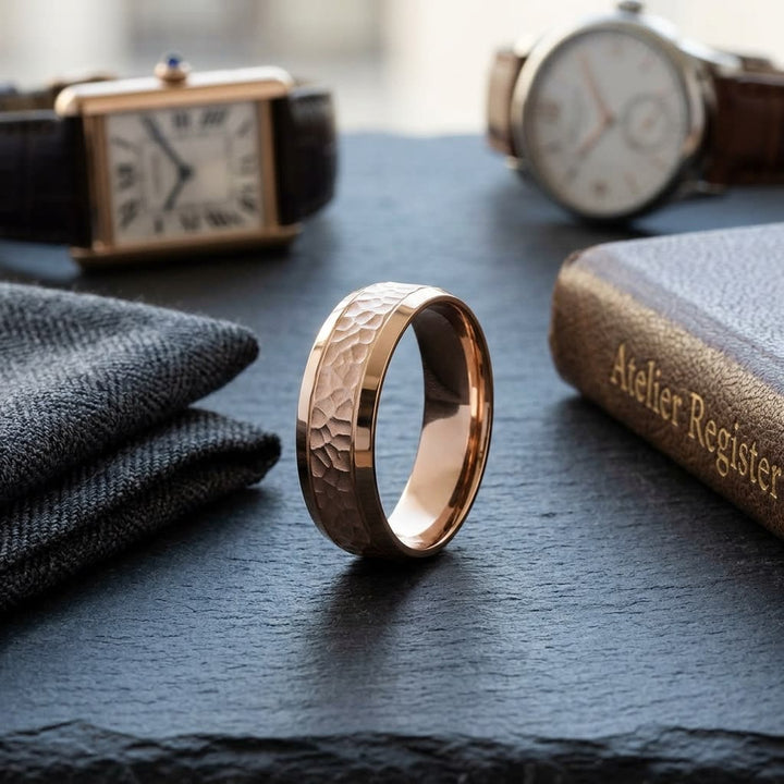 7.5mm Hammered Finish Beveled Edge Carved Wedding Band in 14K Rose Gold, on walnut surface with pocket square