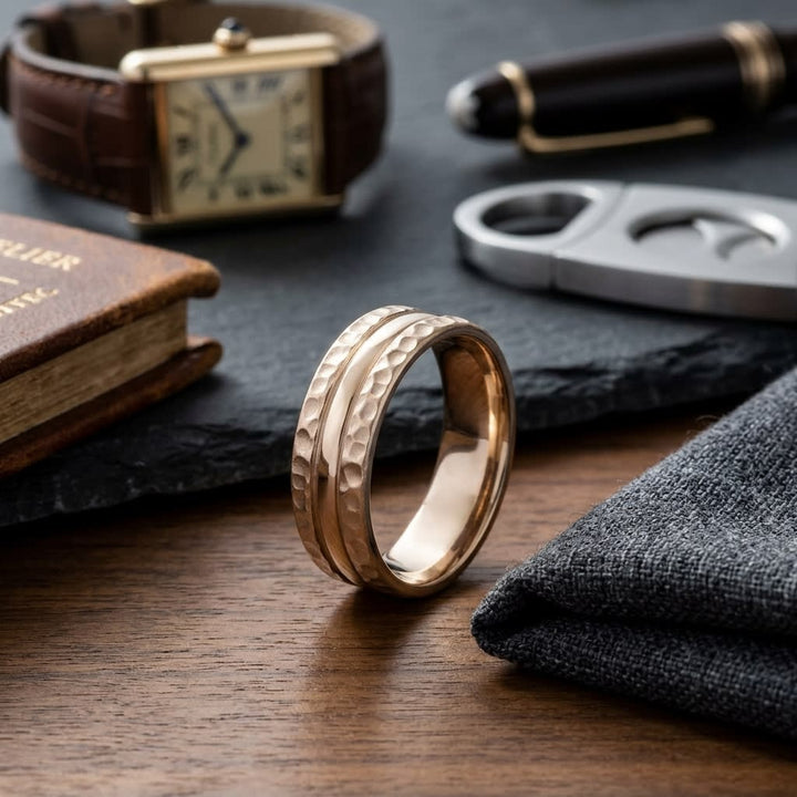7.5mm Hammered Finish Carved Wedding Band in 14K Rose Gold, on walnut surface with pocket square