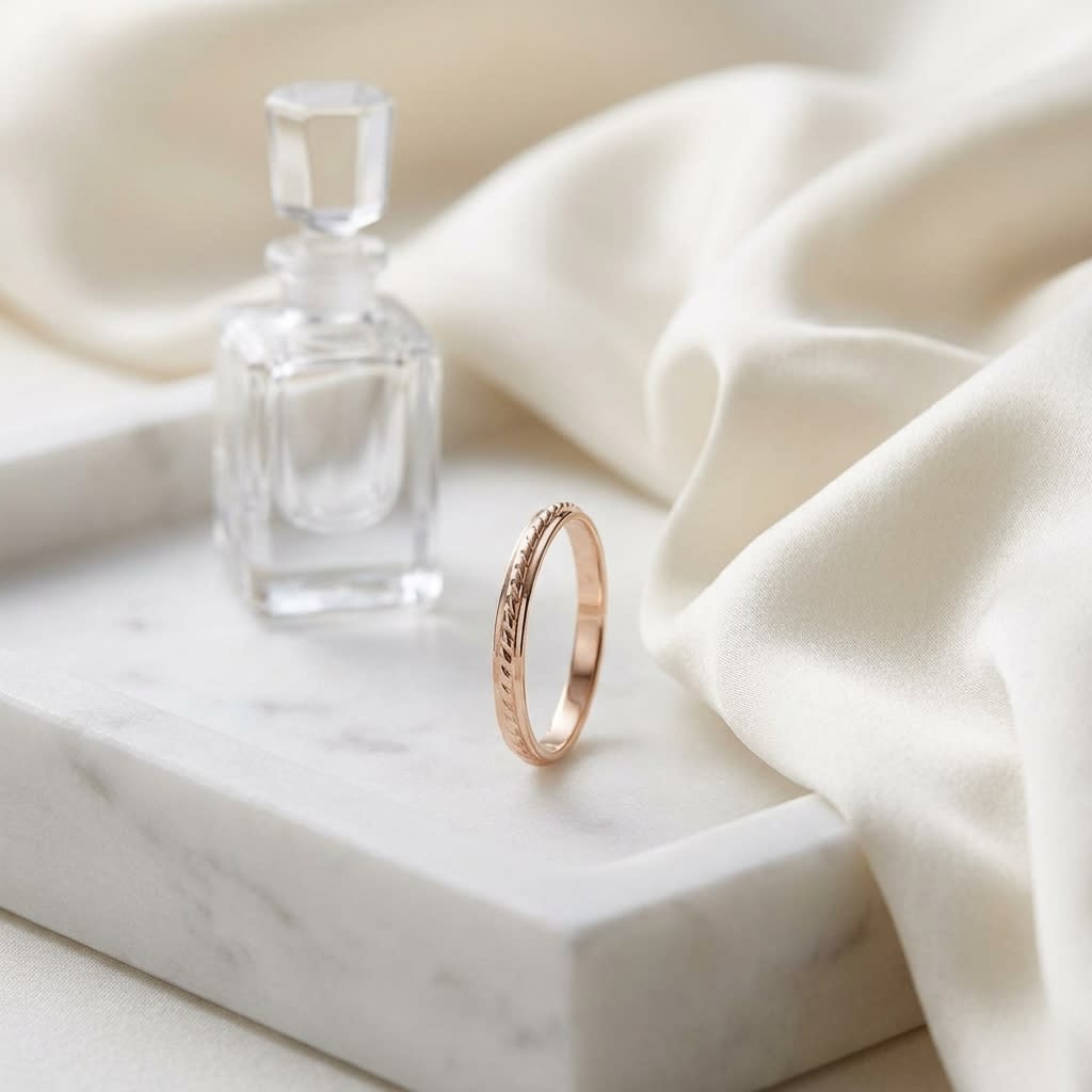2mm High Polish Carved Wedding Band in 14K Rose Gold, on marble vanity tray with silk