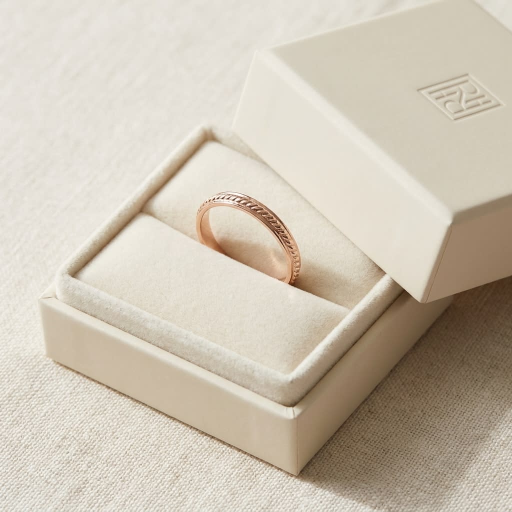 2mm High Polish Carved Wedding Band in 14K Rose Gold, in navy velvet jewelry box