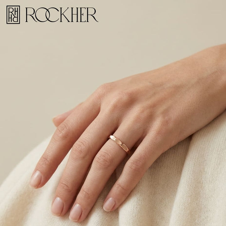 2mm High Polish Carved Wedding Band in 14K Rose Gold, worn on hand, full view