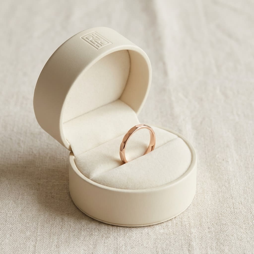 2mm High Polish Carved Wedding Band in 14K Rose Gold, in navy velvet jewelry box
