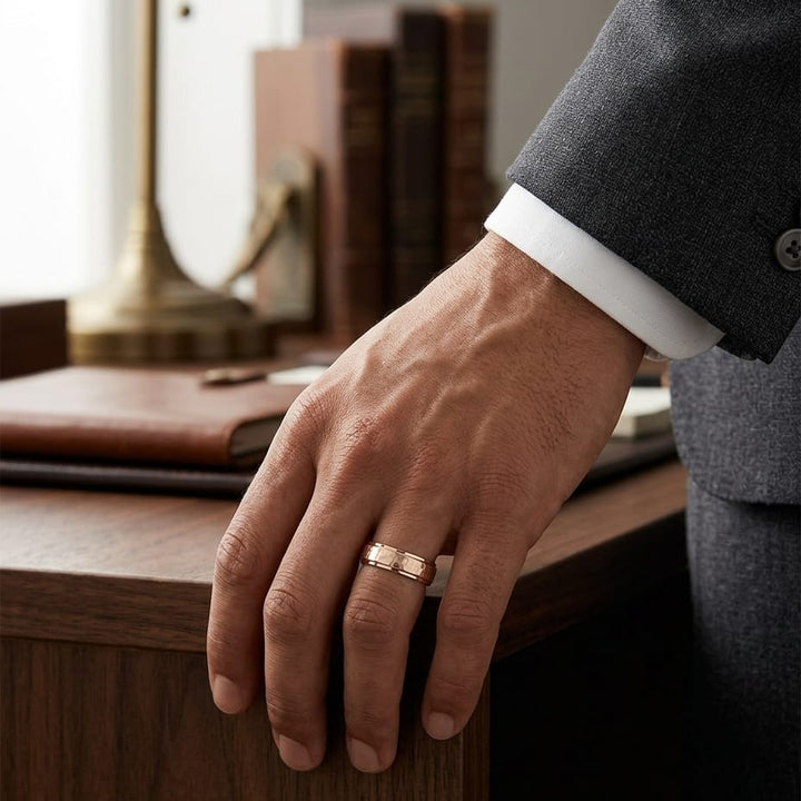 6mm Hammered Finish Carved Wedding Band in 14K Rose Gold, worn on hand, masculine full view