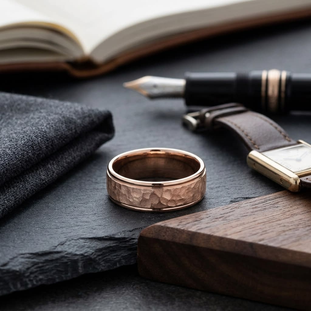 6mm Hammered Finish Carved Wedding Band in 14K Rose Gold, on walnut surface with pocket square