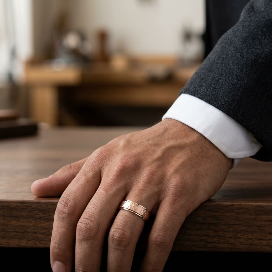 8mm Hammered Finish Carved Wedding Band in 14K Rose Gold, worn on hand, masculine full view
