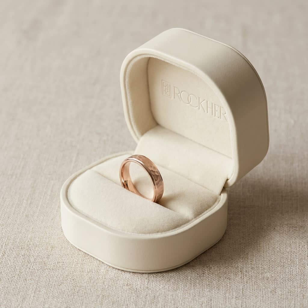 4mm Hammered Finish Carved Wedding Band in 14K Rose Gold, in navy velvet jewelry box
