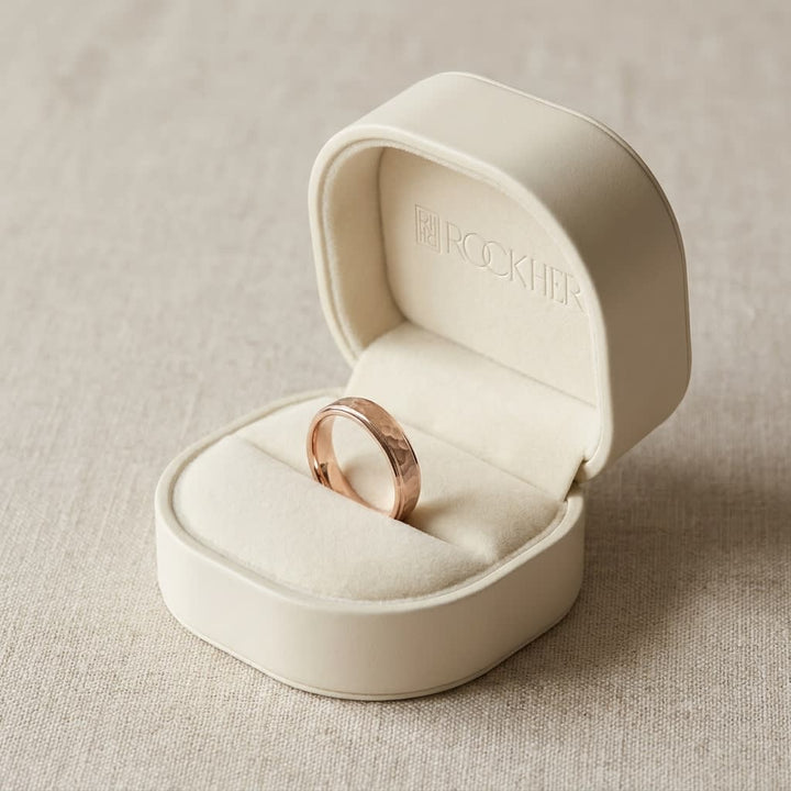 4mm Hammered Finish Carved Wedding Band in 14K Rose Gold, in navy velvet jewelry box