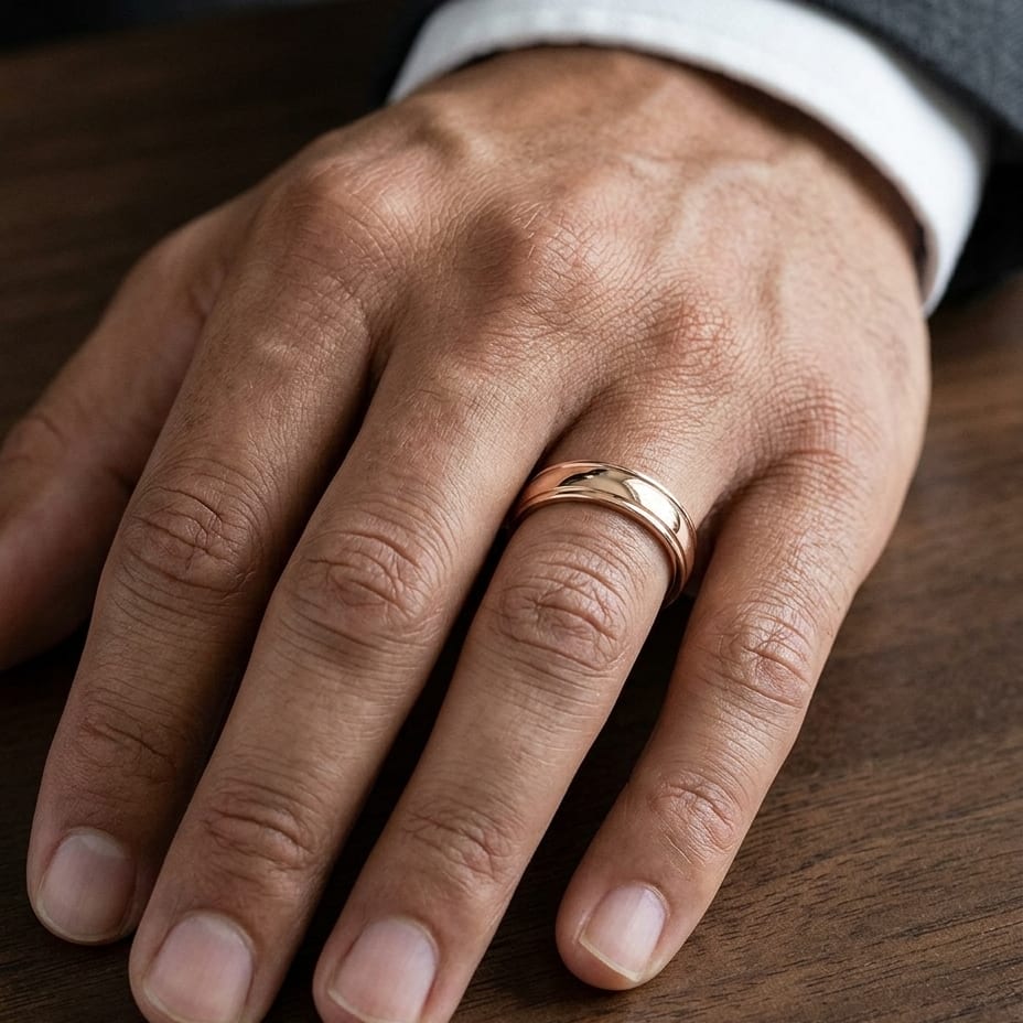 6mm High Polish Round Edge Carved Wedding Band in 14K Rose Gold, worn on hand, masculine close-up