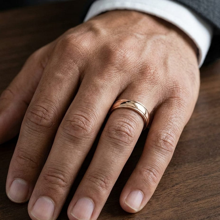 6mm High Polish Round Edge Carved Wedding Band in 14K Rose Gold, worn on hand, masculine close-up