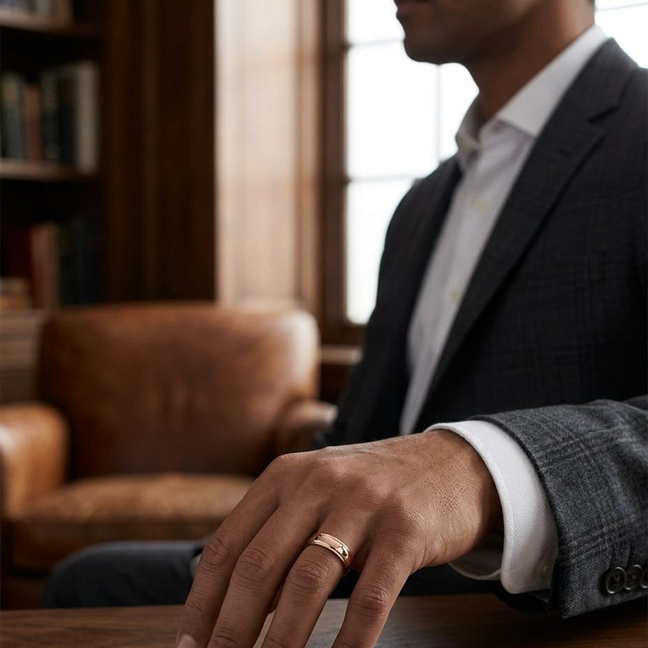 6mm High Polish Round Edge Carved Wedding Band in 14K Rose Gold, worn on hand, masculine full view