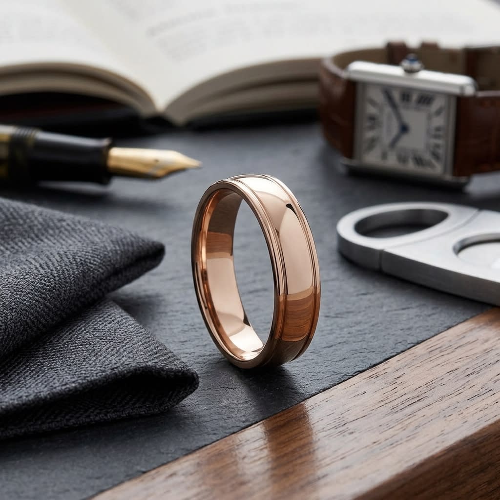 6mm High Polish Round Edge Carved Wedding Band in 14K Rose Gold, on walnut surface with pocket square