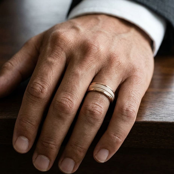 6mm High Polish Milgrain Round Edge Carved Wedding Band in 14K Rose Gold, worn on hand, masculine close-up