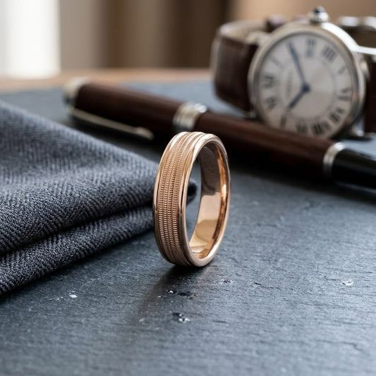 6mm High Polish Milgrain Round Edge Carved Wedding Band in 14K Rose Gold, on walnut surface with pocket square