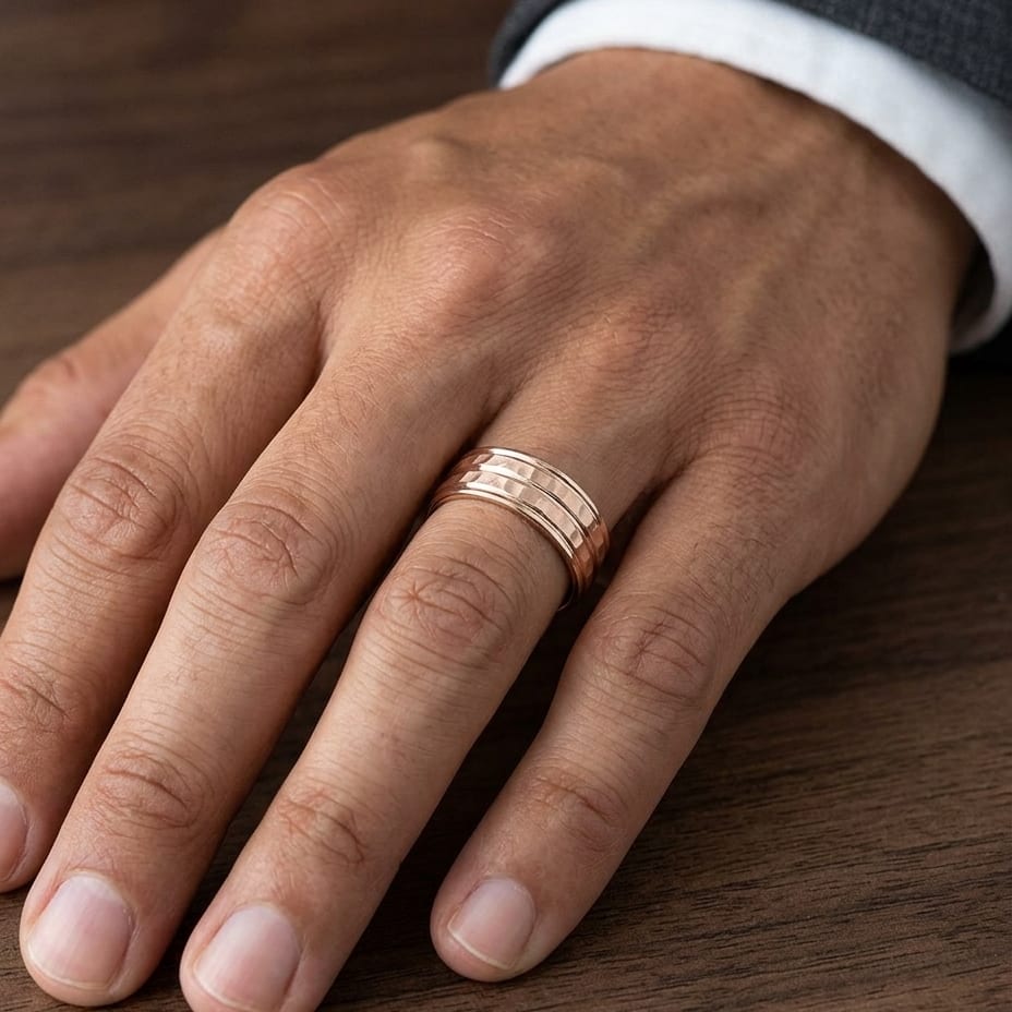 7.5mm High Polish Round Edge Carved Wedding Band in 14K Rose Gold, worn on hand, masculine close-up