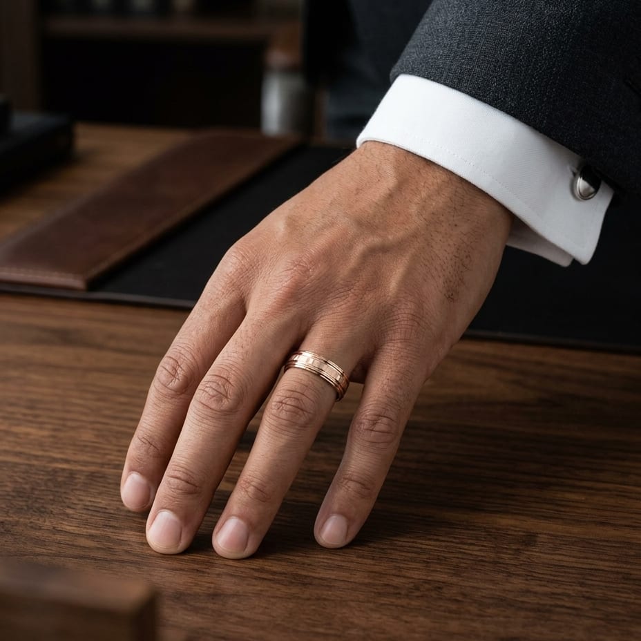 7.5mm High Polish Round Edge Carved Wedding Band in 14K Rose Gold, worn on hand, masculine full view