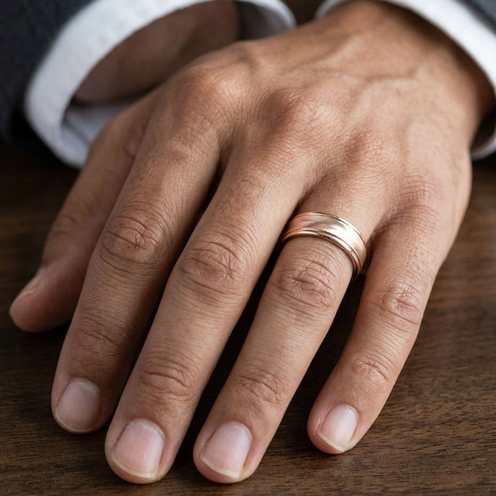 6mm High Polish Round Edge Carved Wedding Band in 14K Rose Gold, worn on hand, masculine close-up