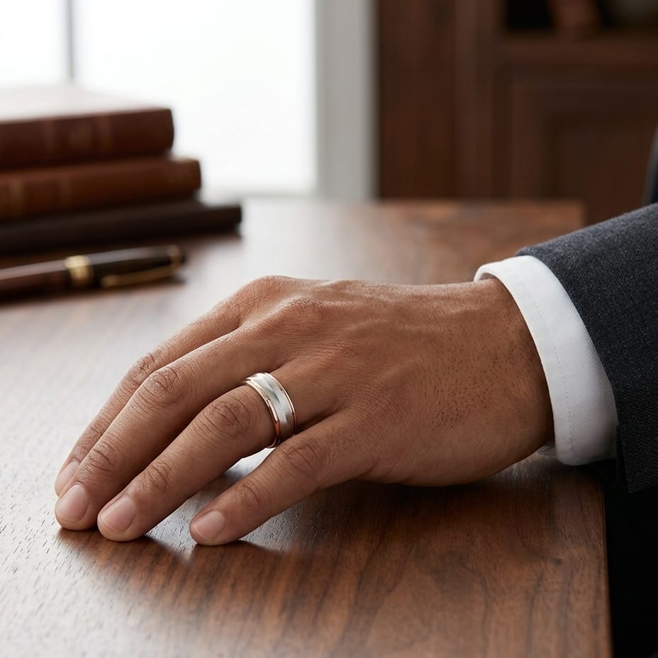 6mm High Polish Round Edge Carved Wedding Band in 14K Rose Gold, worn on hand, masculine full view