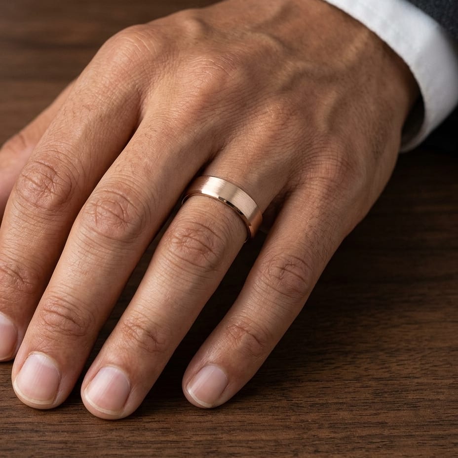 7.5mm Satin Finish Carved Wedding Band in 14K Rose Gold, worn on hand, masculine close-up